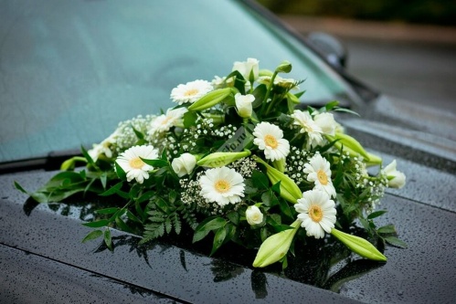 Украшение автомобиля из белых роз лилии и гермини