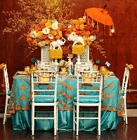 Оформление свадебного стола в оранжево бирюзовых тонах