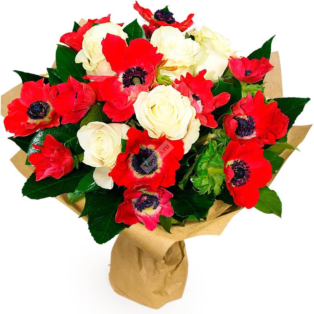 Купить букет с красными анемонами и розами с доставкой от TopFlo!