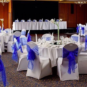 Оформление зала свадьбы насыщенно синим капроном