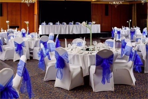 Оформление зала свадьбы насыщенно синим капроном