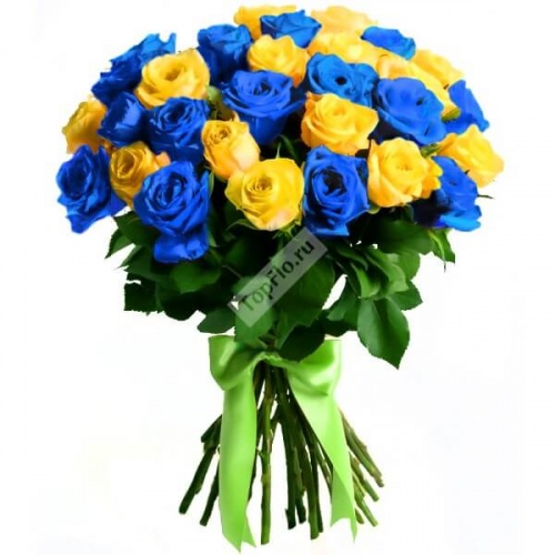 Букет из 25 синих и жёлтых роз