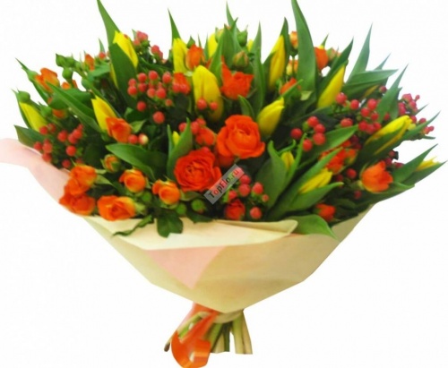 Букет из тюльпанов с кустовой розой Оранжевое настроение