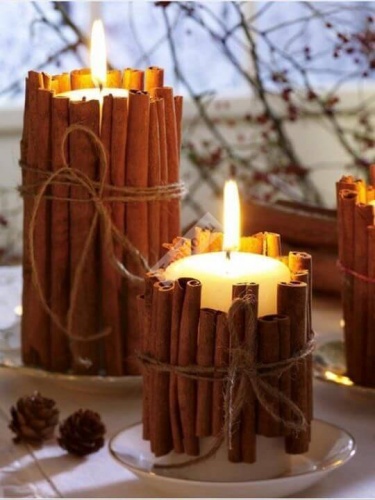 Оформление свечей палочками корицы