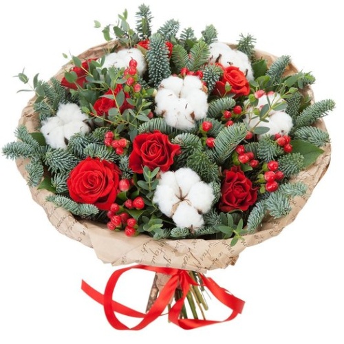 Зимний букет с розами в красно белом цвете