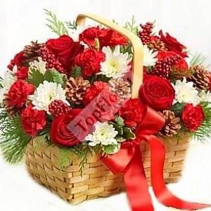 Композиция подарочная новогодняя с шишками в корзине Красная Шапочка