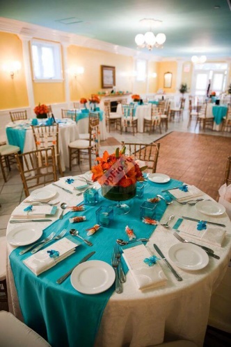 Оформление зала свадьбы в бирюзово оранжевых тонах