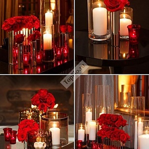 Цветочные композиции на столы гостей в красном цвете со свечами