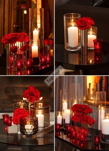 Цветочные композиции на столы гостей в красном цвете со свечами