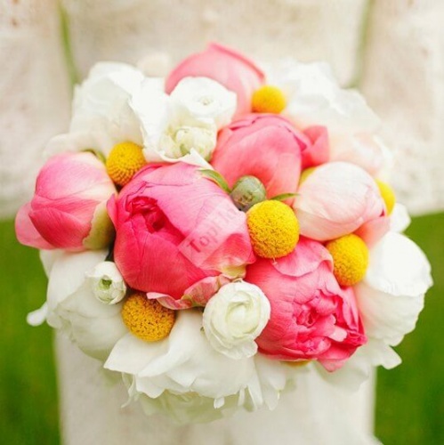 Букет невесты бело-розовый с пионами и краспедией